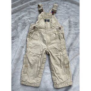 OshKosh Bgosh Toddler Overalls 18M Beige With Red & Blue Plaid Lining